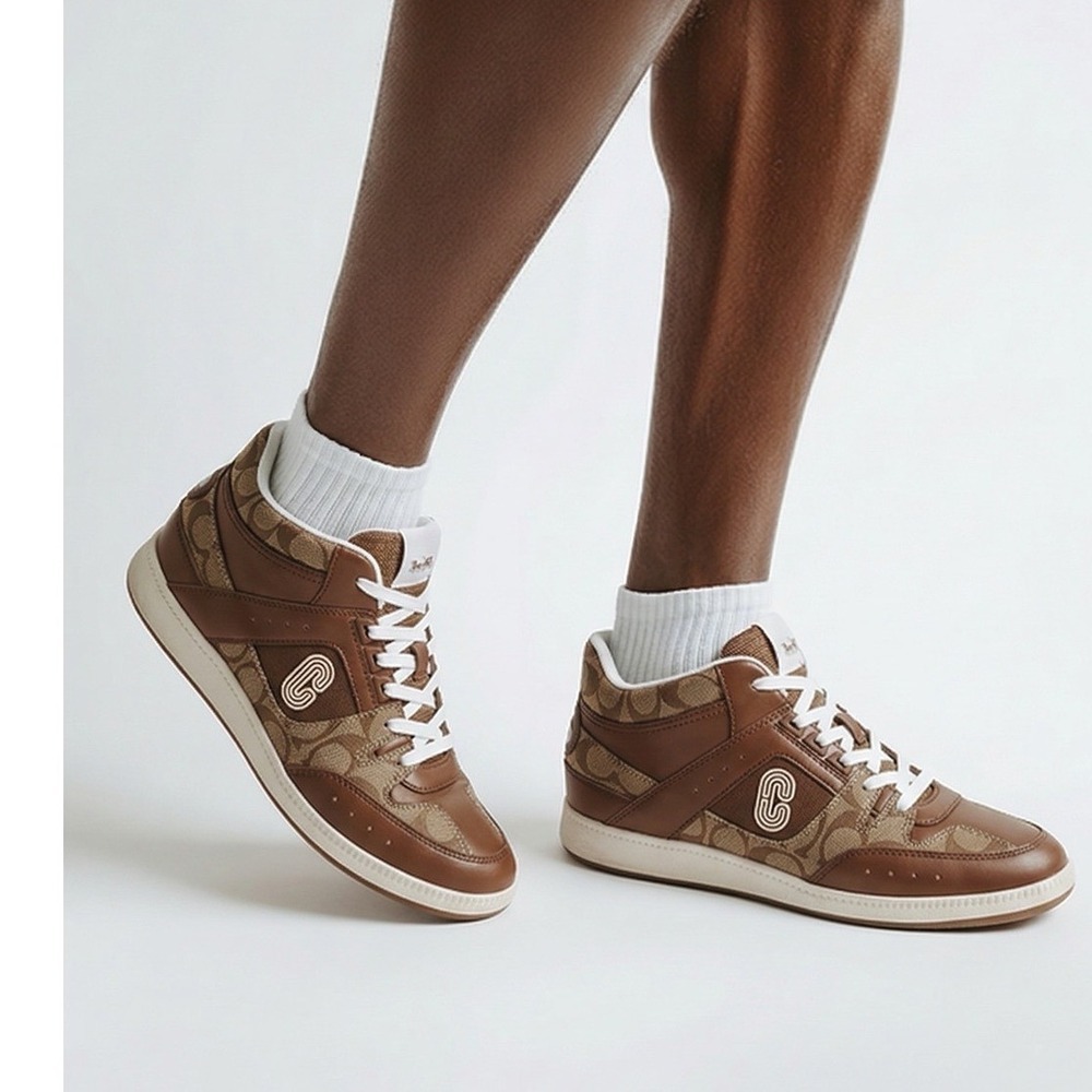 Coach Mens Signature Monogram Leather Low Top Sneakers Brown White Size 11